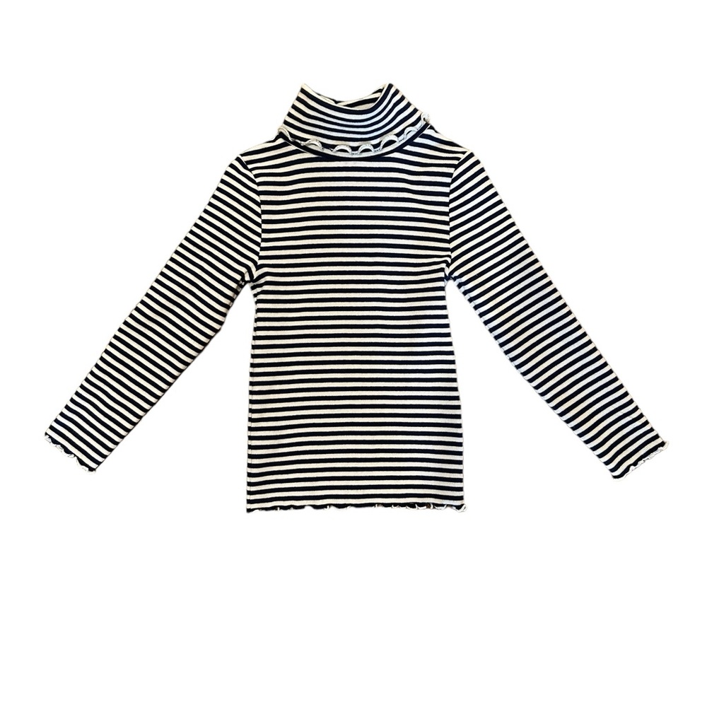 Boden Girls Turtleneck Top w/ Ruffled Edges, Navy Blue/White Stripes, Size 5-6y